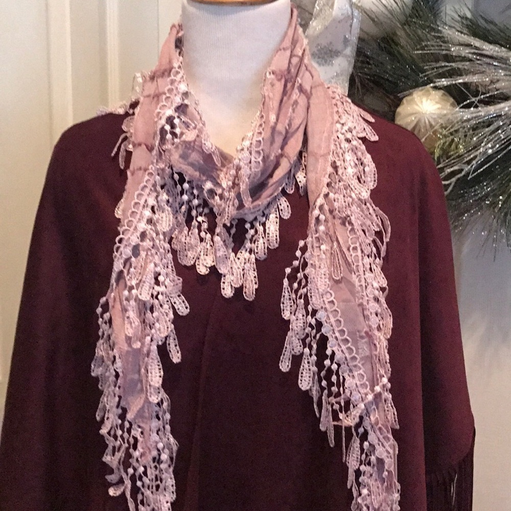 Mauve lightweight scarf with crocheted fringe
